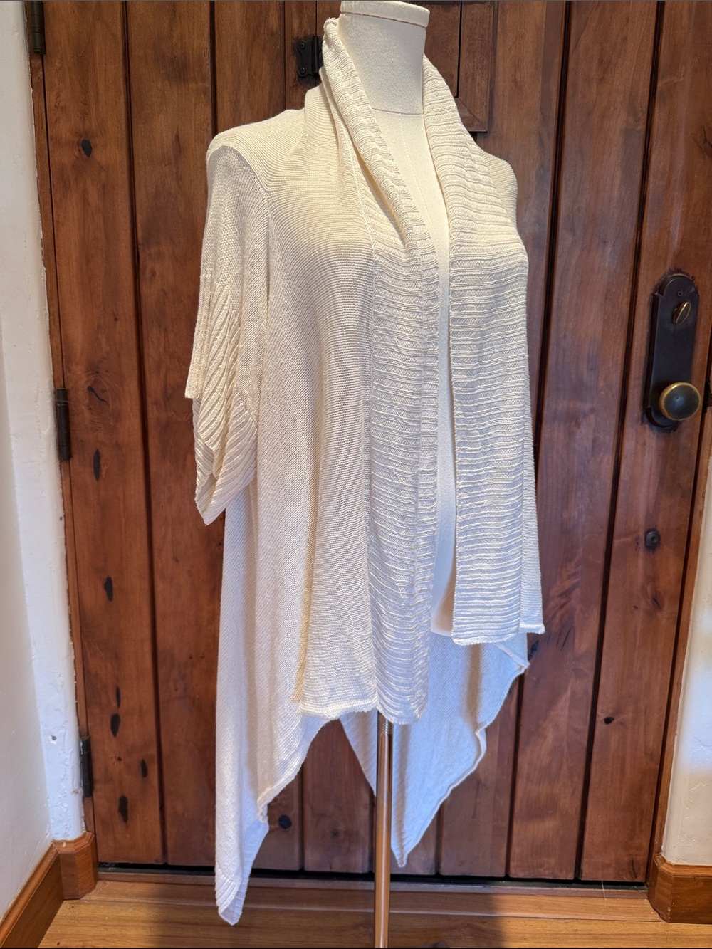 Vintage Ya-Ya Linen Silk Cardigan Petite Cream Open Knit Draped Coastal Boho